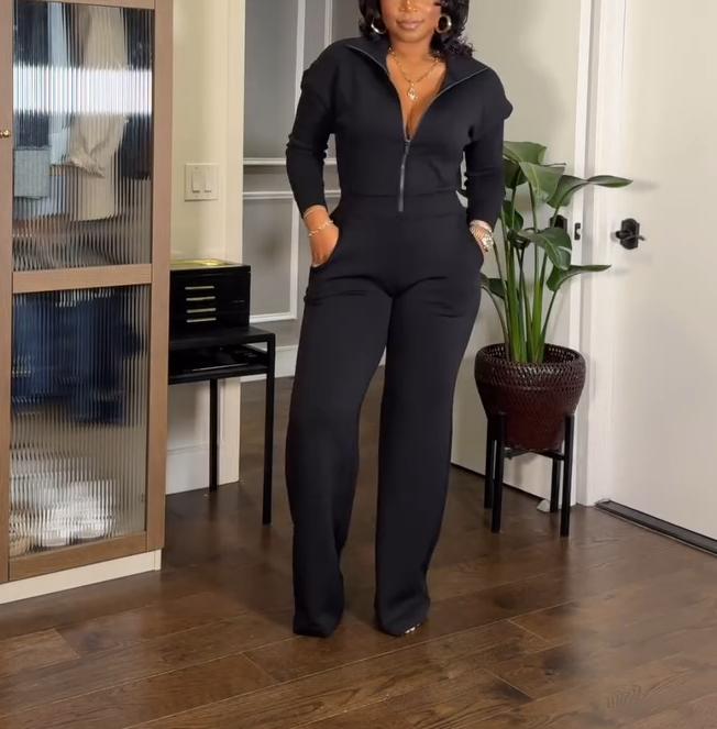 Solid Color Half Zip Jumpsuit