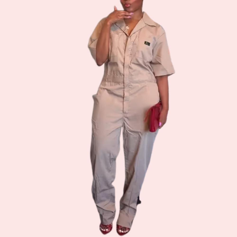 Solid Color Pocket Half Zip Overalls