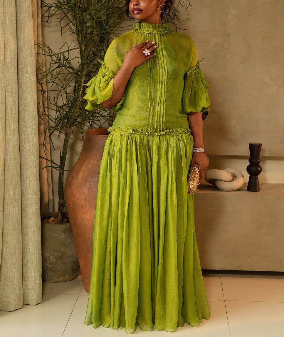 Green Tulle Long Sleeve Maxi Dress