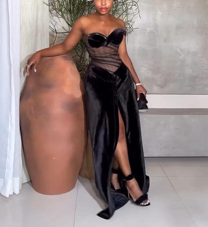Black Velvet Corset Slit Maxi Dress
