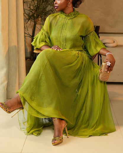 Green Tulle Long Sleeve Maxi Dress