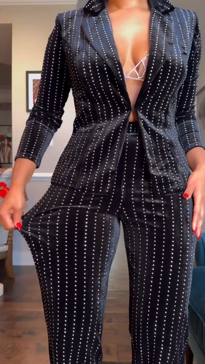 Black Elegant Rhinestone Top & Pants Set
