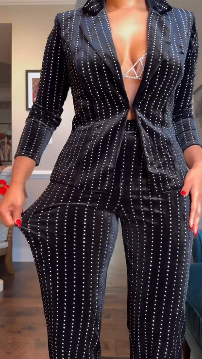 Black Elegant Rhinestone Top & Pants Set