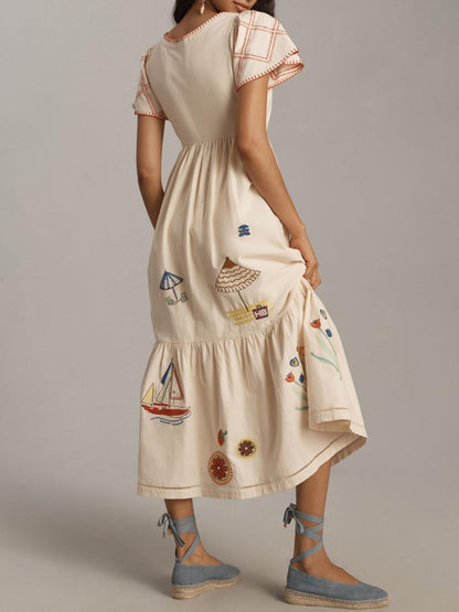 Round Neck Printed Horn Sleeve Dress