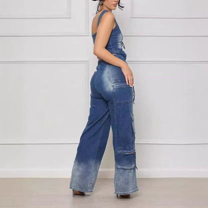 Wide leg vest denim suit