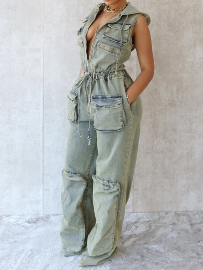 Hooded Tooling Stretch Denim Jumpsuit