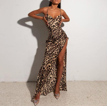 Leopard print slim suspender long skirt