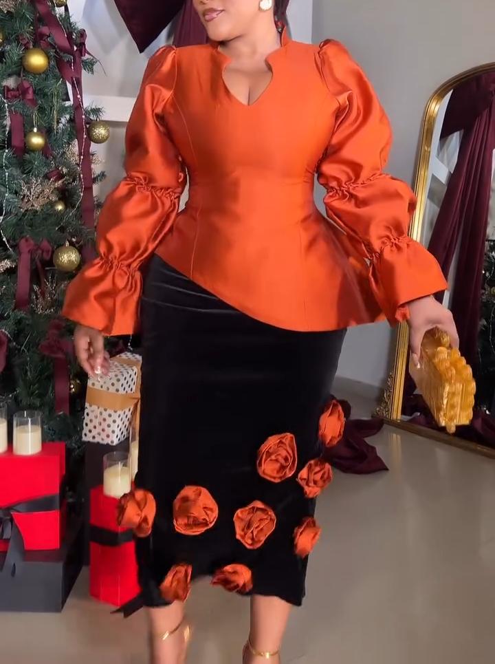 Orange Flower Long-Sleeve Two-Piece Dress