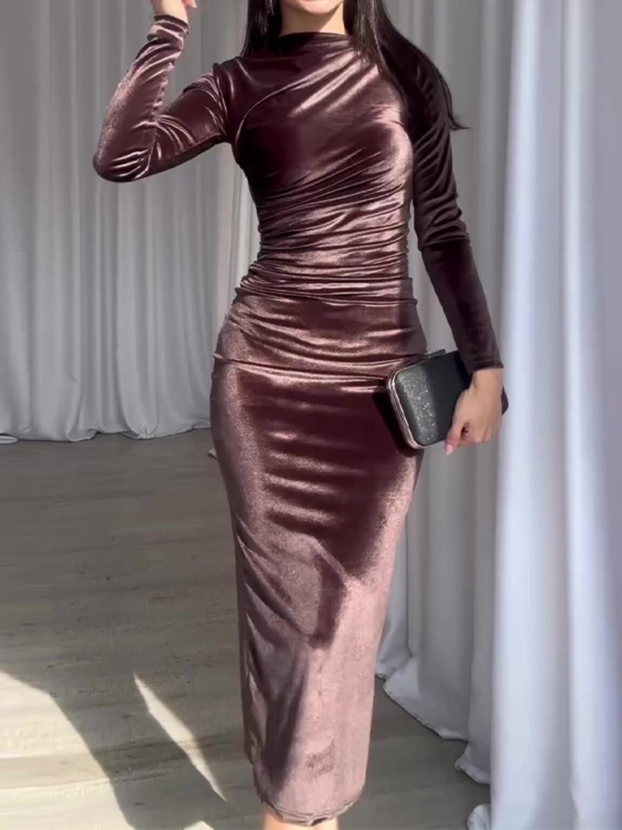 Solid color round neck long sleeve hip dress