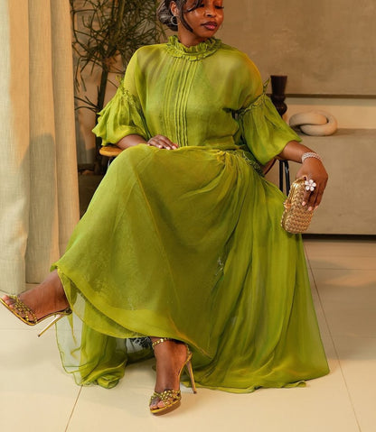 Green Tulle Long Sleeve Maxi Dress