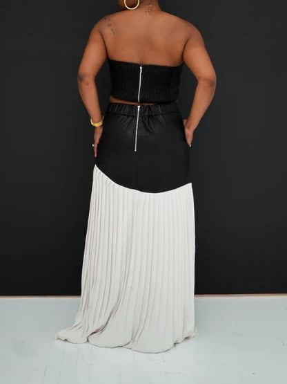 Black Leather Bustier Top White Pleated Patchwork Halter Skirt Set