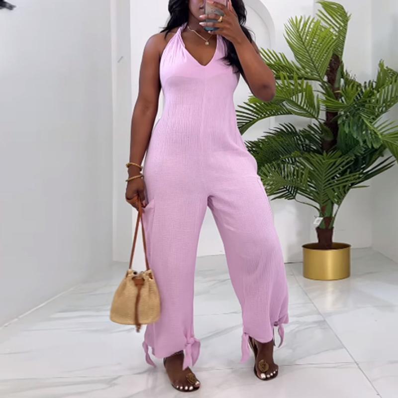 Summer new V-neck halterneck wide-leg jumpsuit