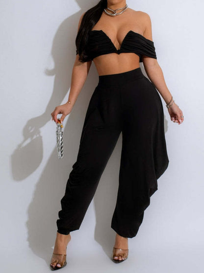 Deep V-pleated Off-shoulder Trousers Set