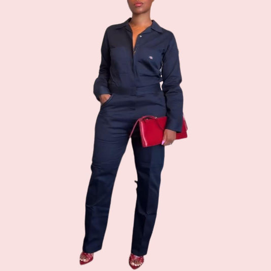 Solid Color Pocket Half Zip Overalls