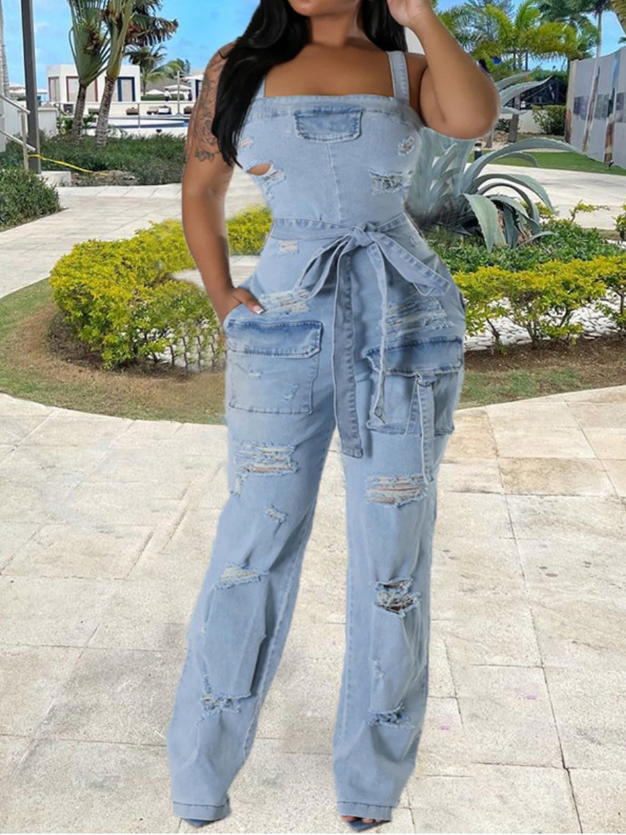 Elathe Ripped Tassel Denim Jumpsuit