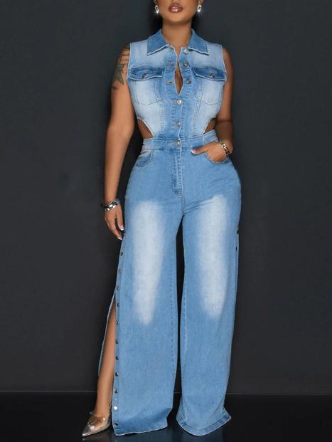 Denim silver snap button jumpsuit