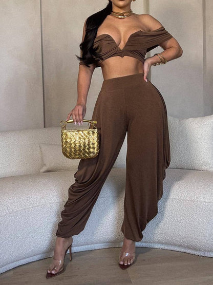 Deep V-pleated Off-shoulder Trousers Set