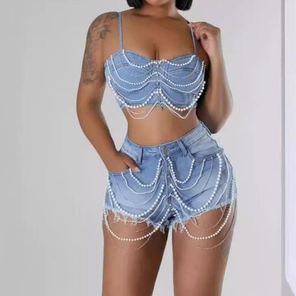 Pearl and Diamond Chain Denim Overall Shorts Set