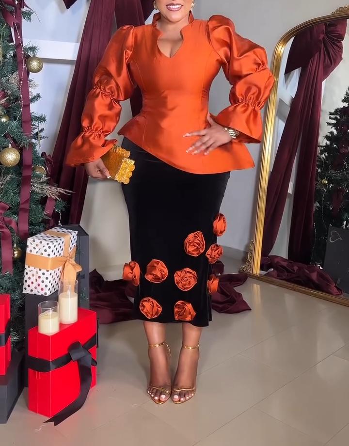 Orange Flower Long-Sleeve Two-Piece Dress