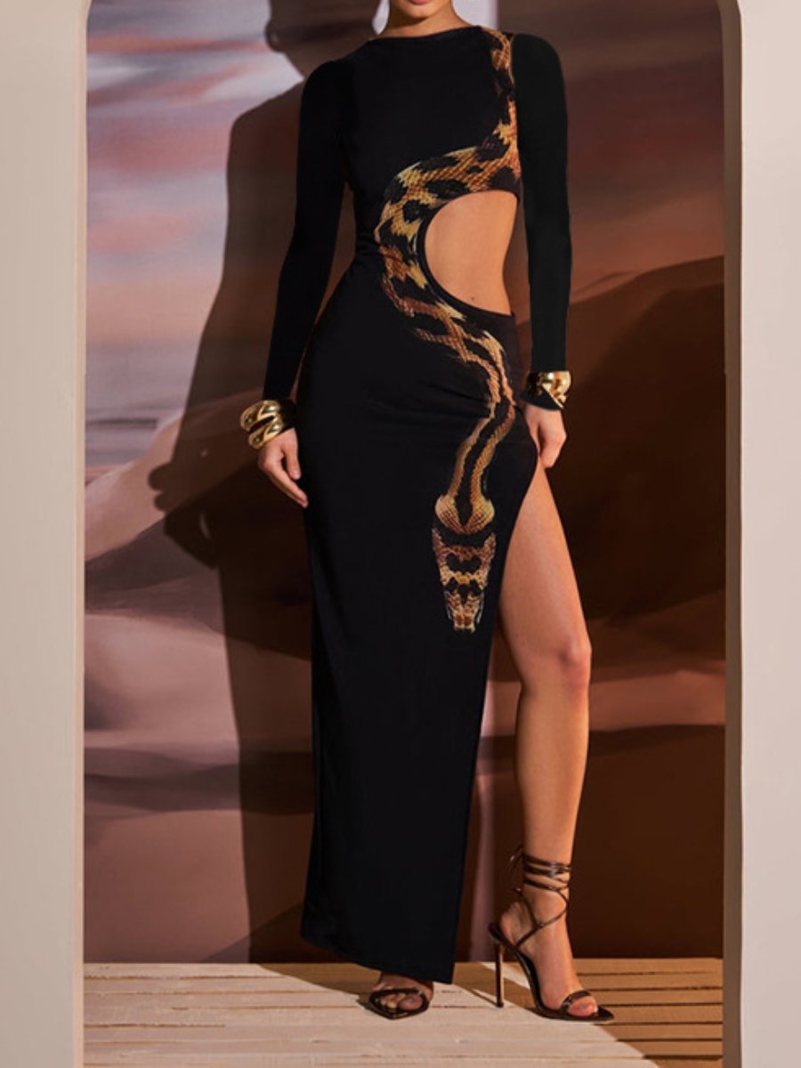 High Split Long Sleeve Sexy Cutout Snake Print Dress