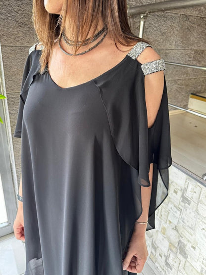 Sequin Chiffon Irregular Hem Cold Shoulder Jumpsuit