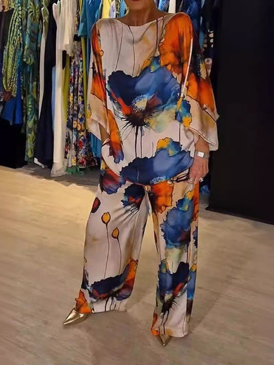 Elegant Satin Loose Printed Batwing Sleeve Suit(Buy 2 Free Shipping✔️)