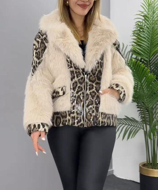 White Leopard Print Fur Coat