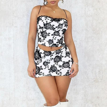 New Rose Print Sling Hip Skirt Set