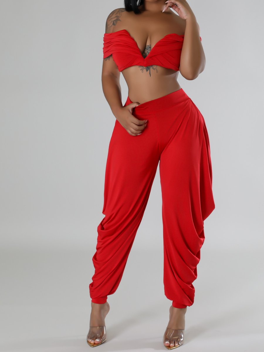 Deep V-pleated Off-shoulder Trousers Set