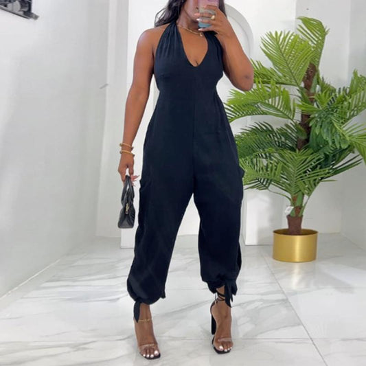 Summer new V-neck halterneck wide-leg jumpsuit