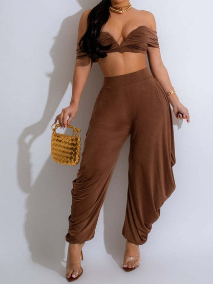 Deep V-pleated Off-shoulder Trousers Set