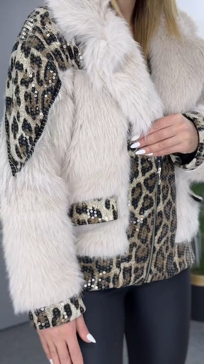 White Leopard Print Fur Coat
