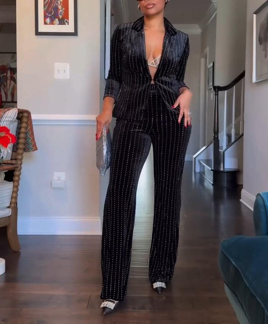 Black Elegant Rhinestone Top & Pants Set
