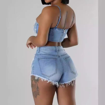 Pearl and Diamond Chain Denim Overall Shorts Set