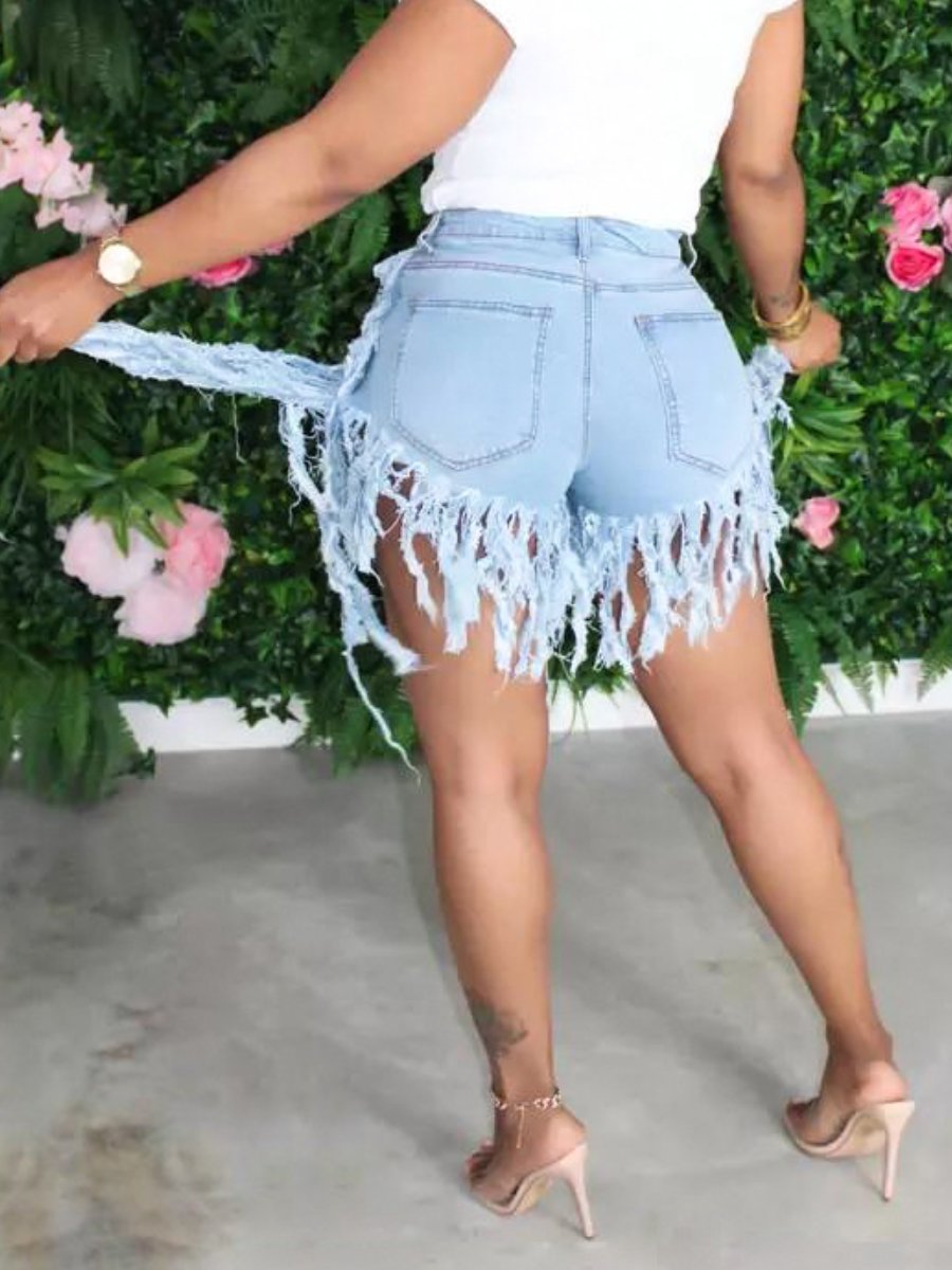 Rapped Fringed Denim Shorts