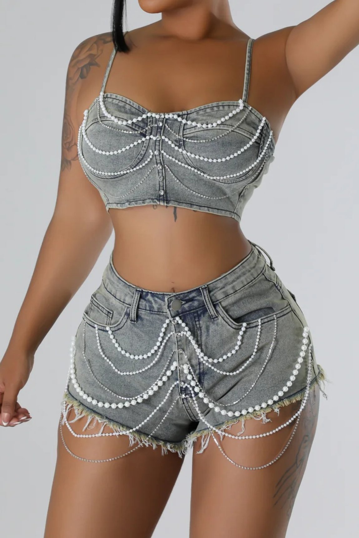 Pearl and Diamond Chain Denim Overall Shorts Set