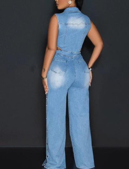 Denim silver snap button jumpsuit