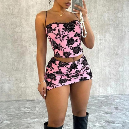 New Rose Print Sling Hip Skirt Set