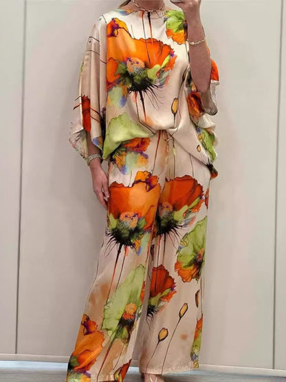 Elegant Satin Loose Printed Batwing Sleeve Suit(Buy 2 Free Shipping✔️)