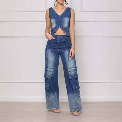 Wide leg vest denim suit