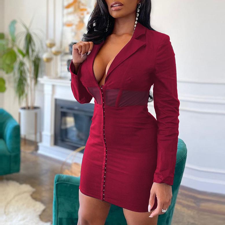 Sexy mesh stitching single-breasted suit skirt