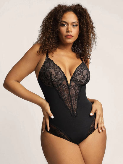 Deep V-neck lace thong bodysuit